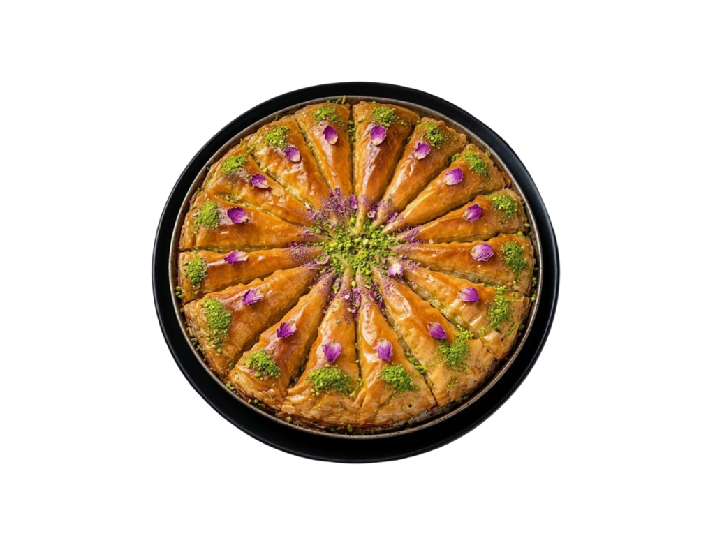 Tarta de baklava con pistacho, agua de rosas y pétalos de rosa comestibles